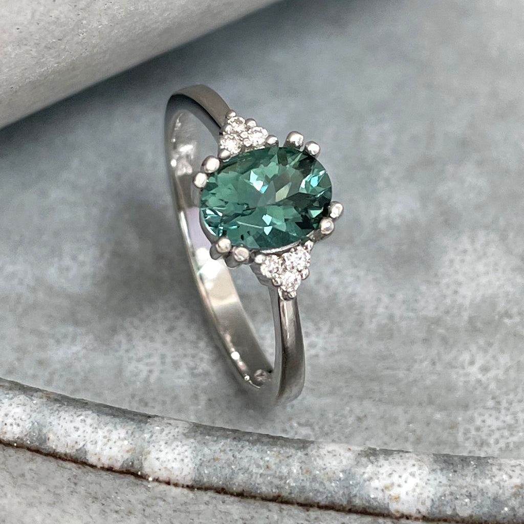 Breathtaking Oval Cut Sea Green Tourmaline With Trilogy Diamond
