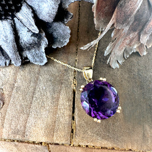 Classic Round Cut Double Claw Amethyst Yellow Gold Pendant