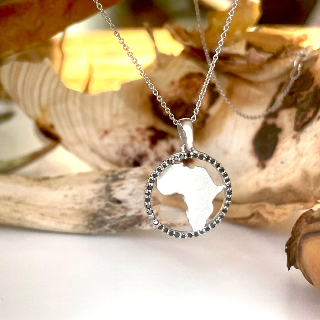 Contemporary Black Diamond Circular Africa White Gold Pendant