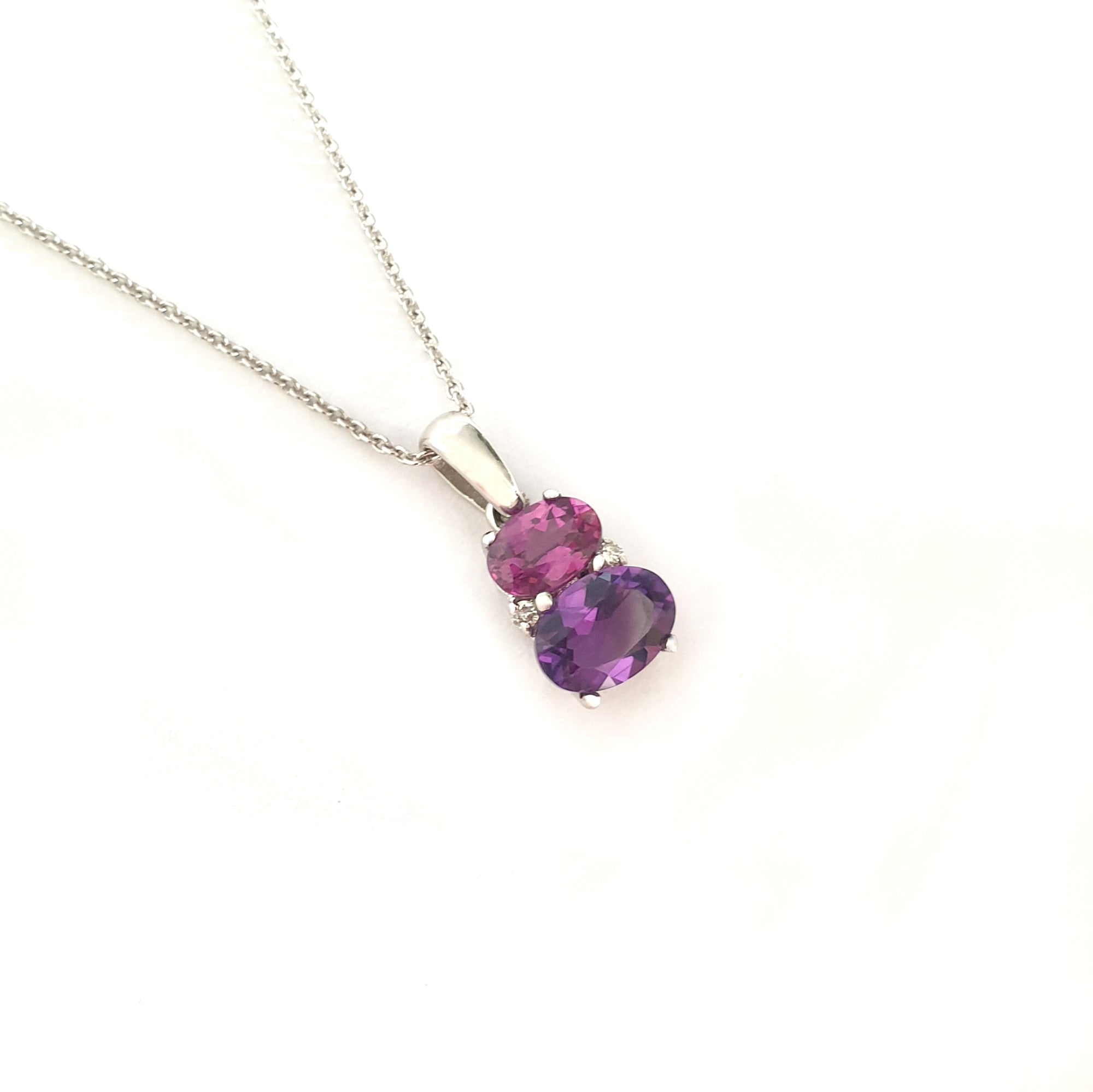 Double Oval Amethyst and Rhodolite Pendant with Diamond Highlight