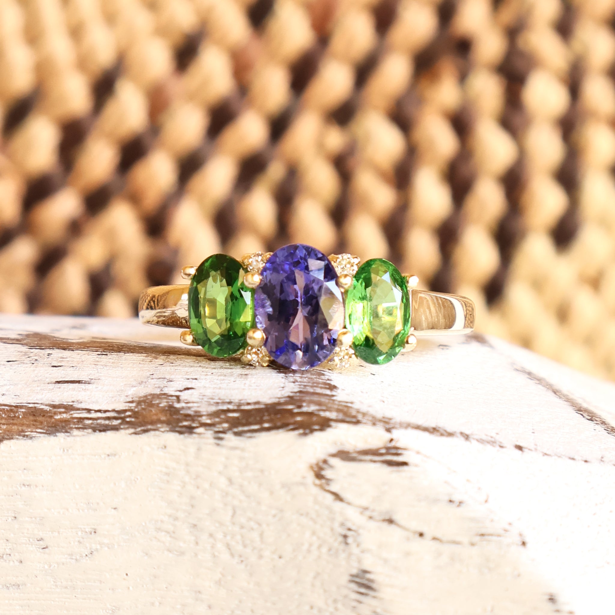 Elegant Trilogy Tanzanite and Tsavorite Diamond Ring Yellow Gold
