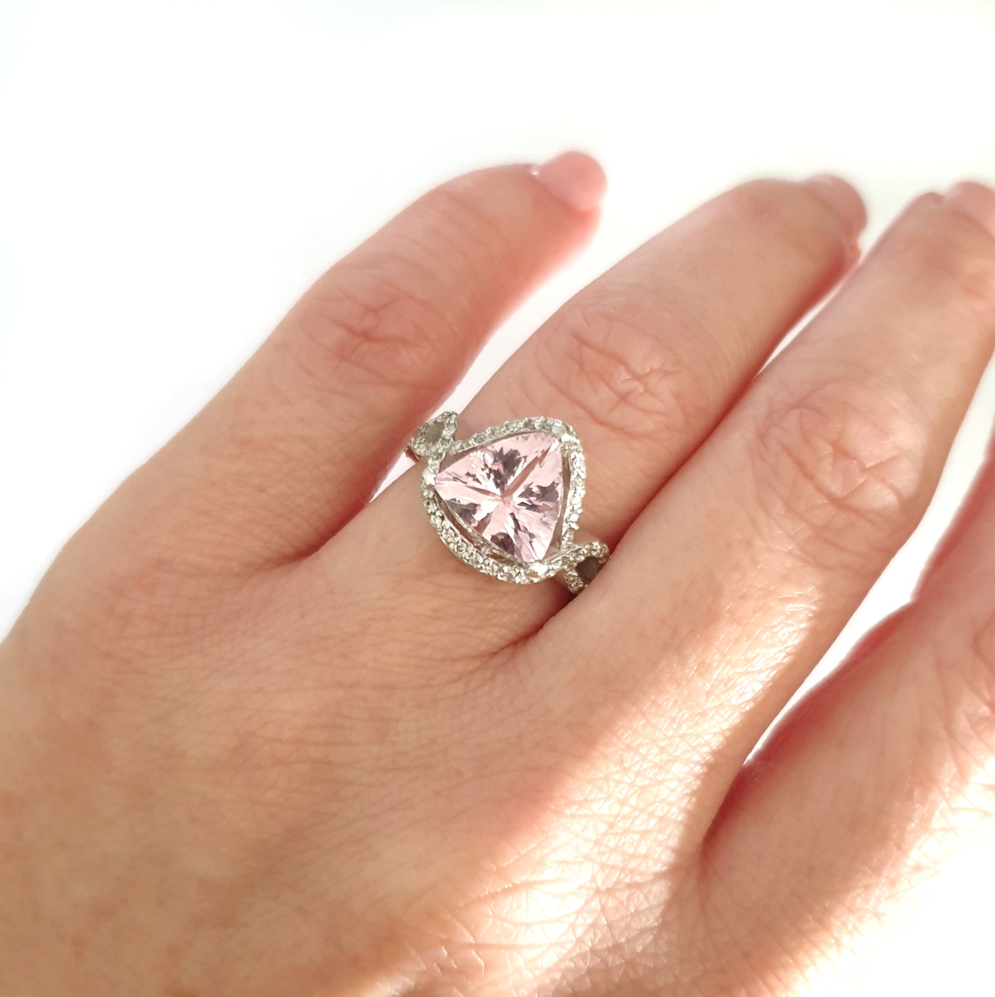 Fairytale Trilliant Pink Morganite and Diamond Halo and Band Ring