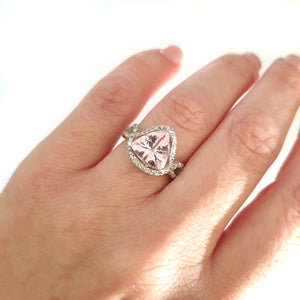 Fairytale Trilliant Pink Morganite and Diamond Halo and Band Ring