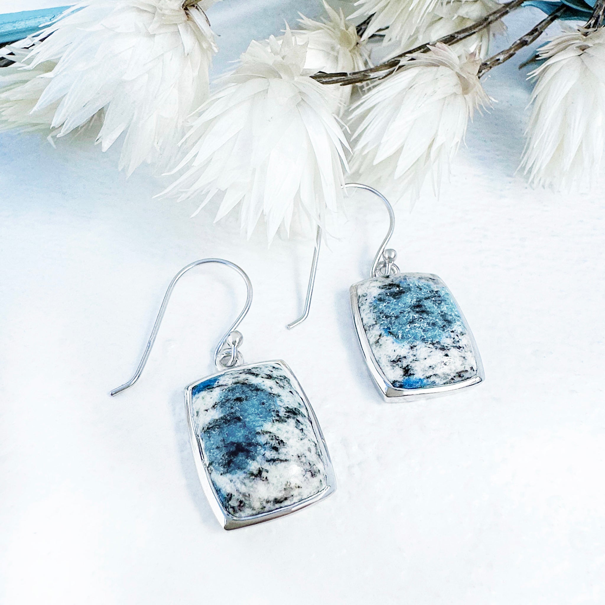 Freeform Natural Short Rectangular K2 Granite with Azurite Silver Drop Earrings