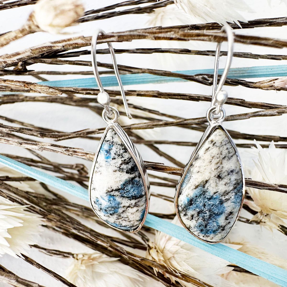Freeform Natural Triangular K2 Granite with Azurite Silver Drop Earrings No.2