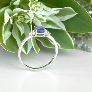 Silver Petite Cushion Cut Tanzanite with Trilogy Silver Topaz Highlight Ring