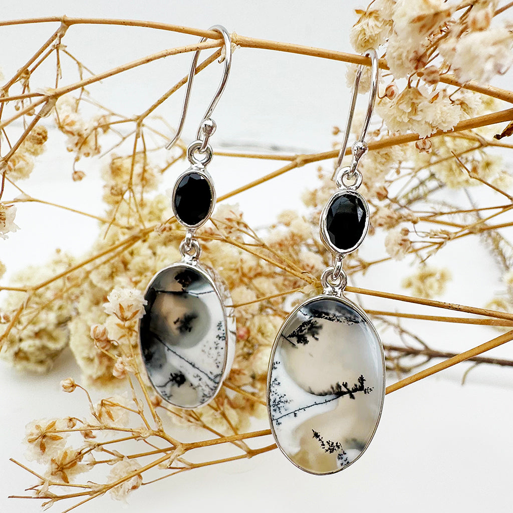 Natural Freeform Oval Dendritic Agate and Oval Black Tourmaline Silver Drop Earrings - 50mm x 15mm