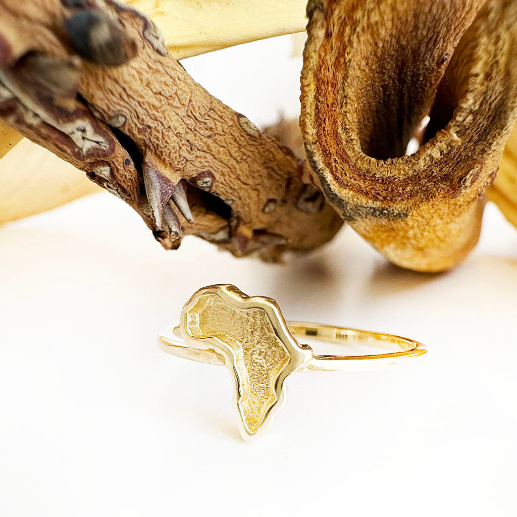 Yellow Gold Sandblasted Africa Map Ring with Striking Smooth Gold Border and Band