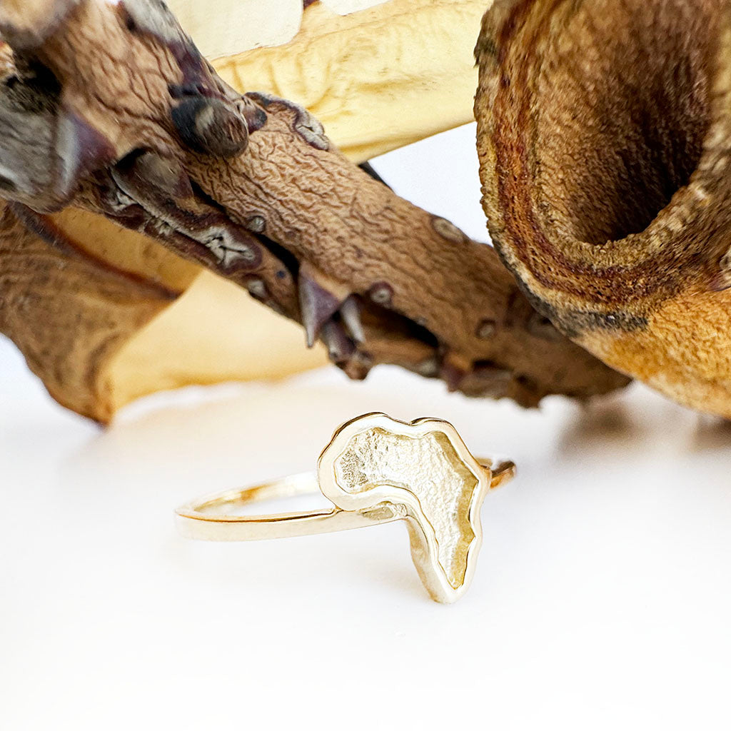 Yellow Gold Sandblasted Africa Map Ring with Striking Smooth Gold Border and Band