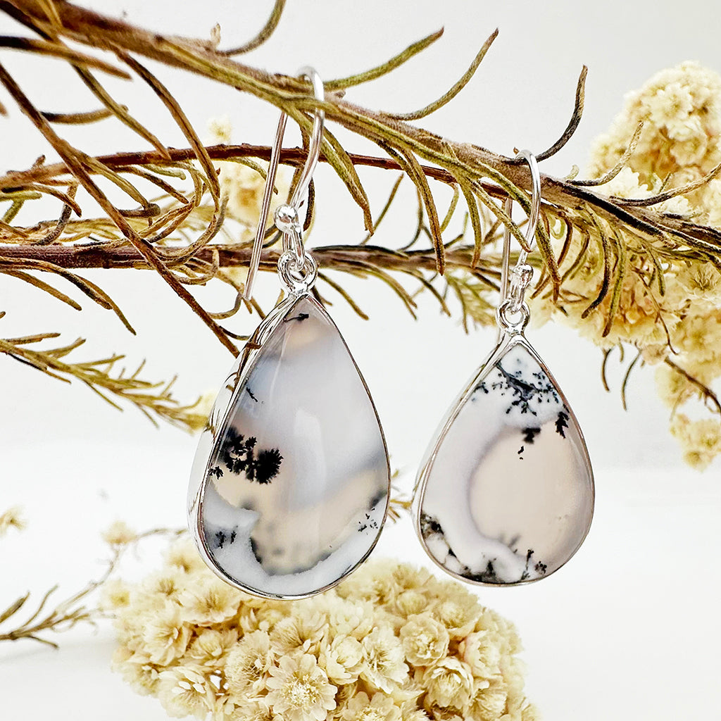 Natural Freeform Pear Cut Dendritic Agate Silver Drop Earrings - 42mm x 18mm