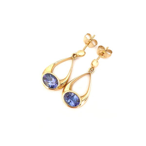 Oval Hooped Droplet Shaped Tanzanite Yellow Gold Earrings