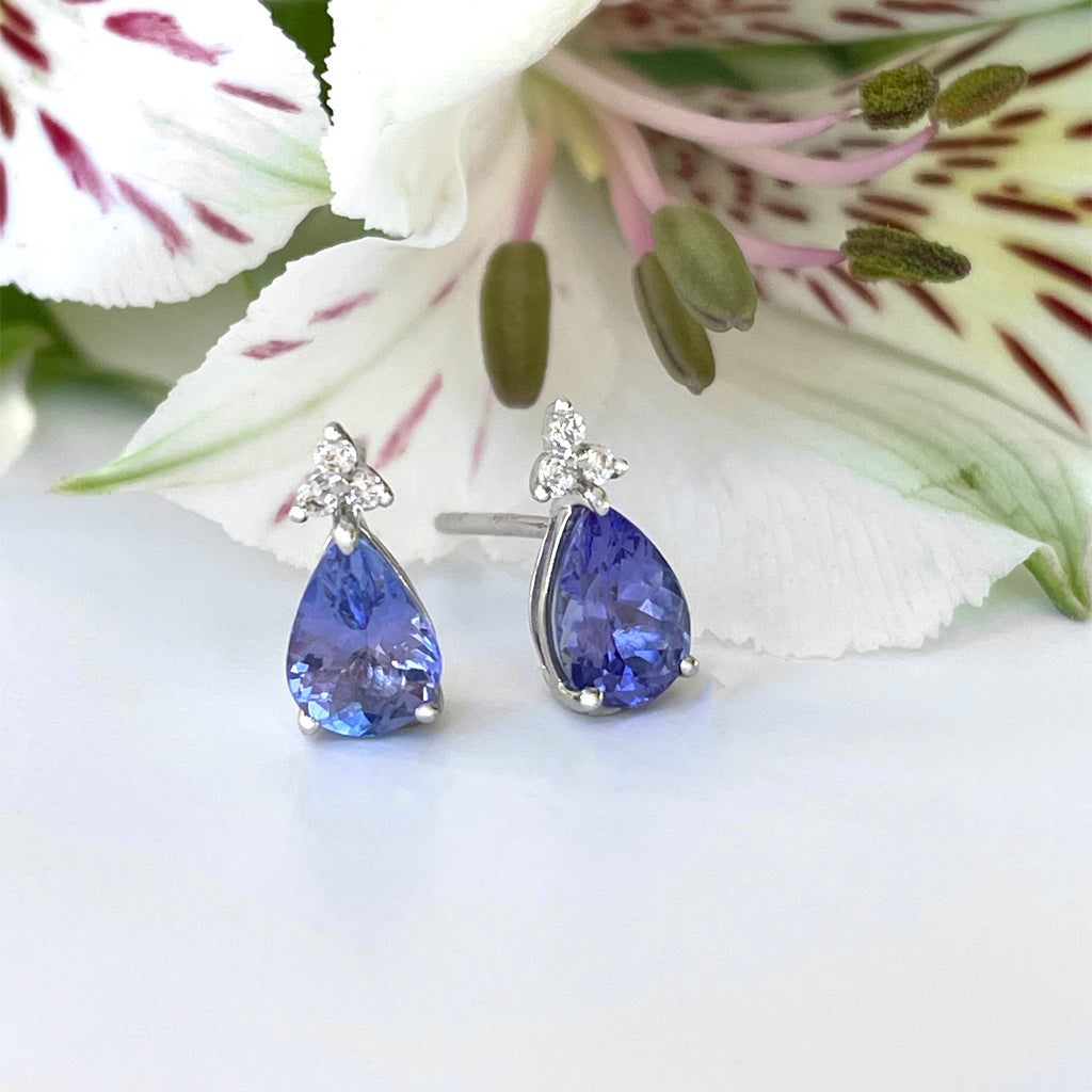 Silver Pear Cut Tanzanite with Trilogy Silver Topaz Highlight Earrings