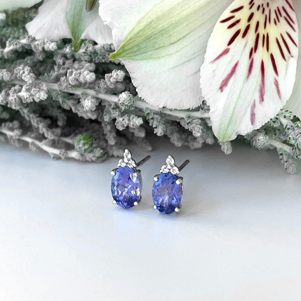 Silver Oval Cut Tanzanite with Trilogy Silver Topaz Highlight Earrings