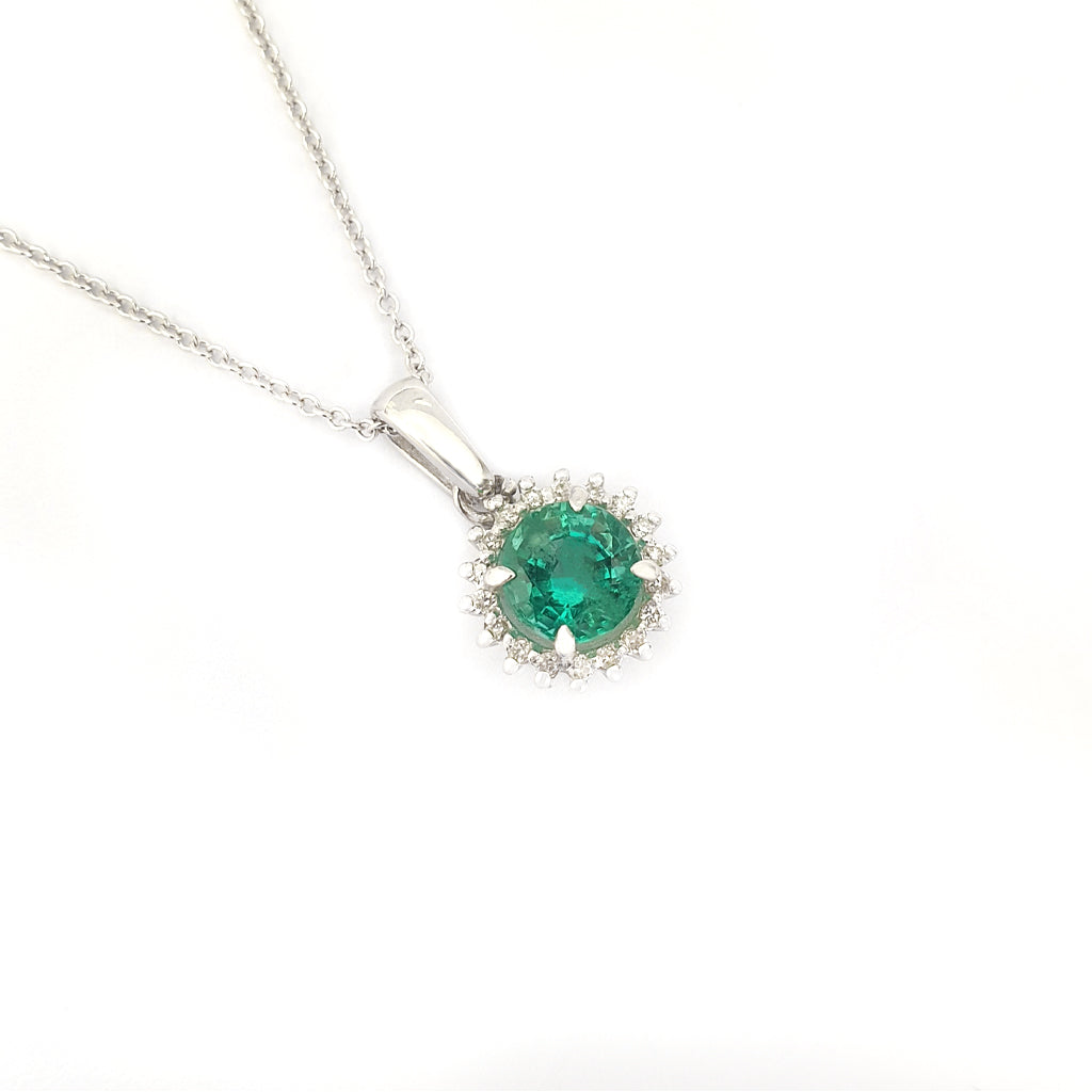 Classic Round Cut Emerald With Diamond Halo Pendant