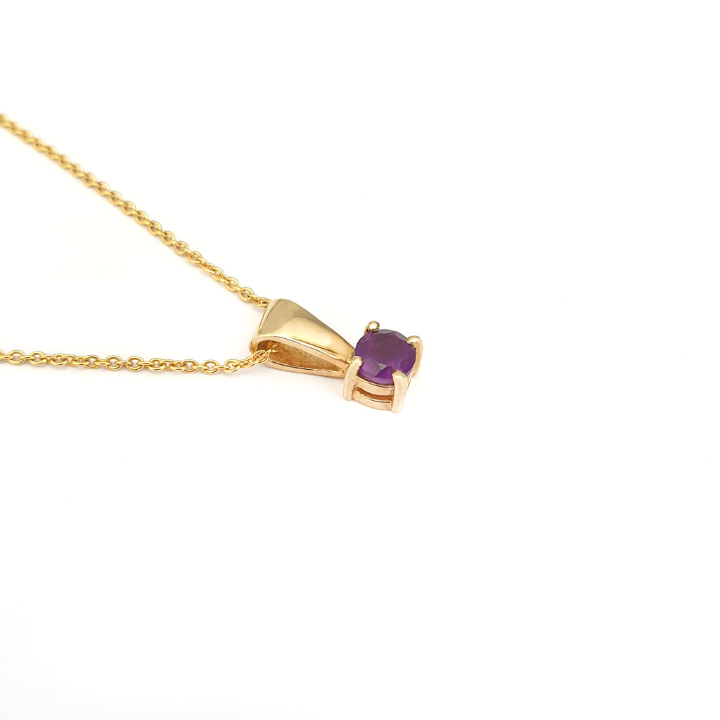 Petite Solid Bale Round Amethyst Yellow Gold Pendant
