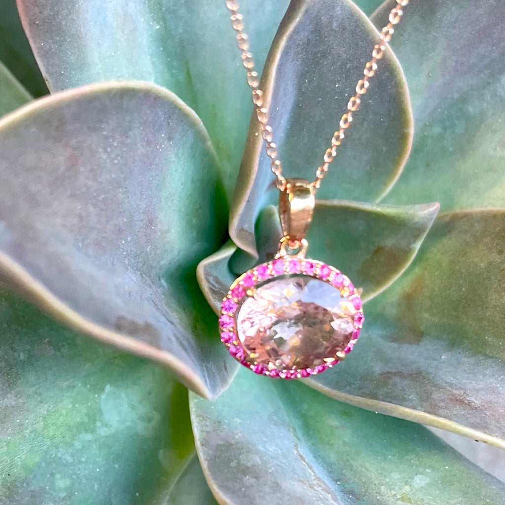 Lush Oval Morganite, Pink Sapphire Halo Rose Gold Pendant
