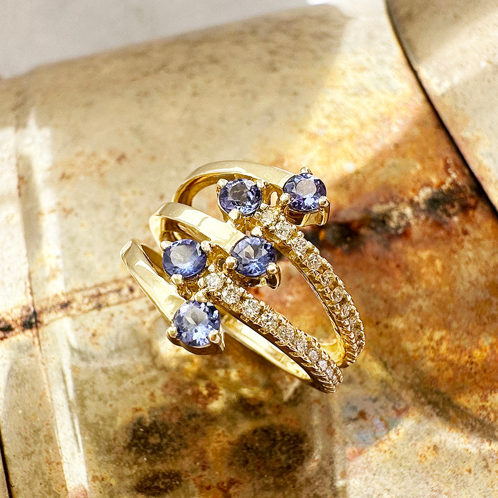 Multiband Tanzanite and Diamond Yellow Gold Ring