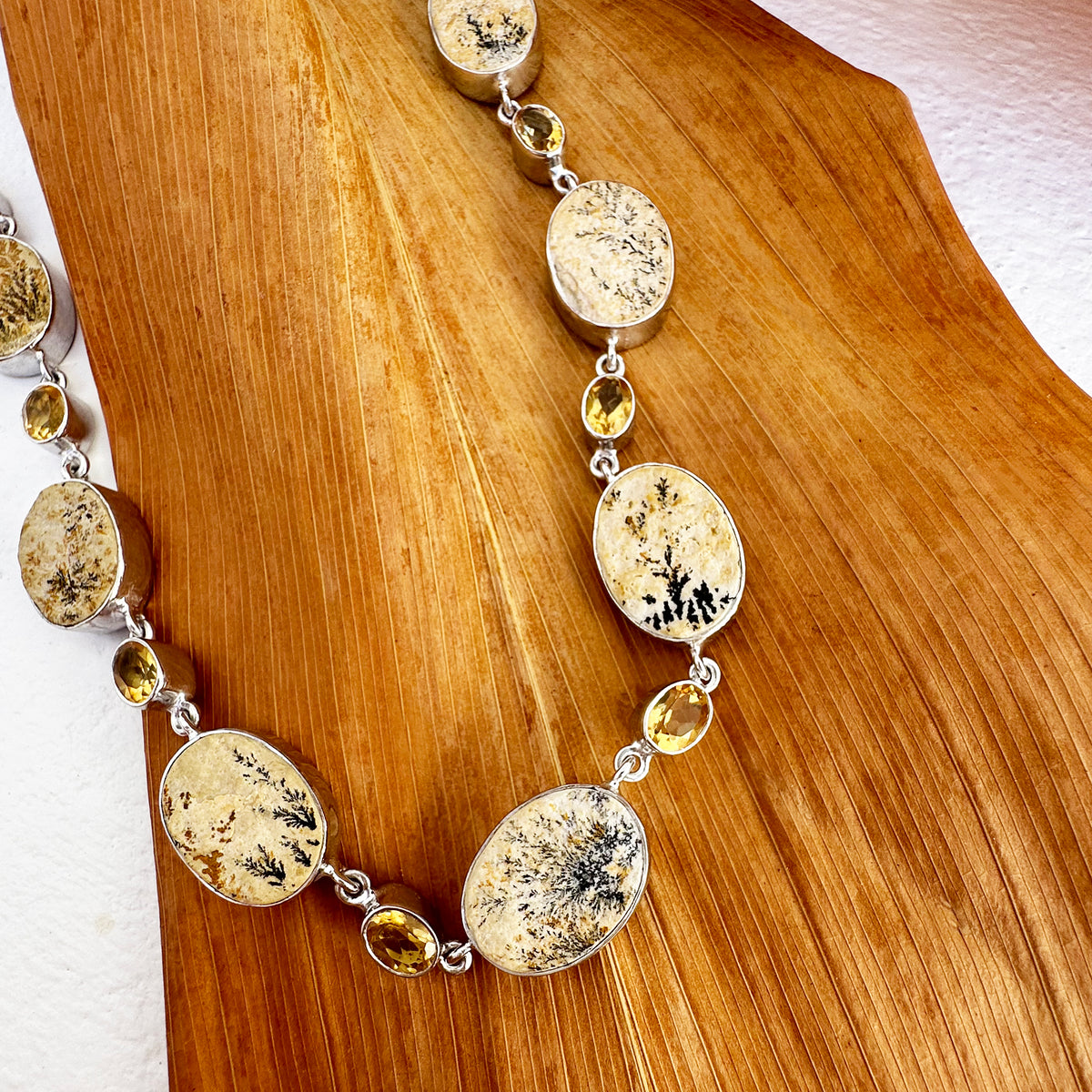 Natural Freeform Oval Leaf Jasper and Citrine Silver Necklace - 55.5cm x 18mm