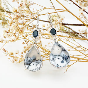 Natural Freeform Pear Cut Dendritic Agate and Oval Tourmaline Silver Drop Earrings - 52mm x 15mm