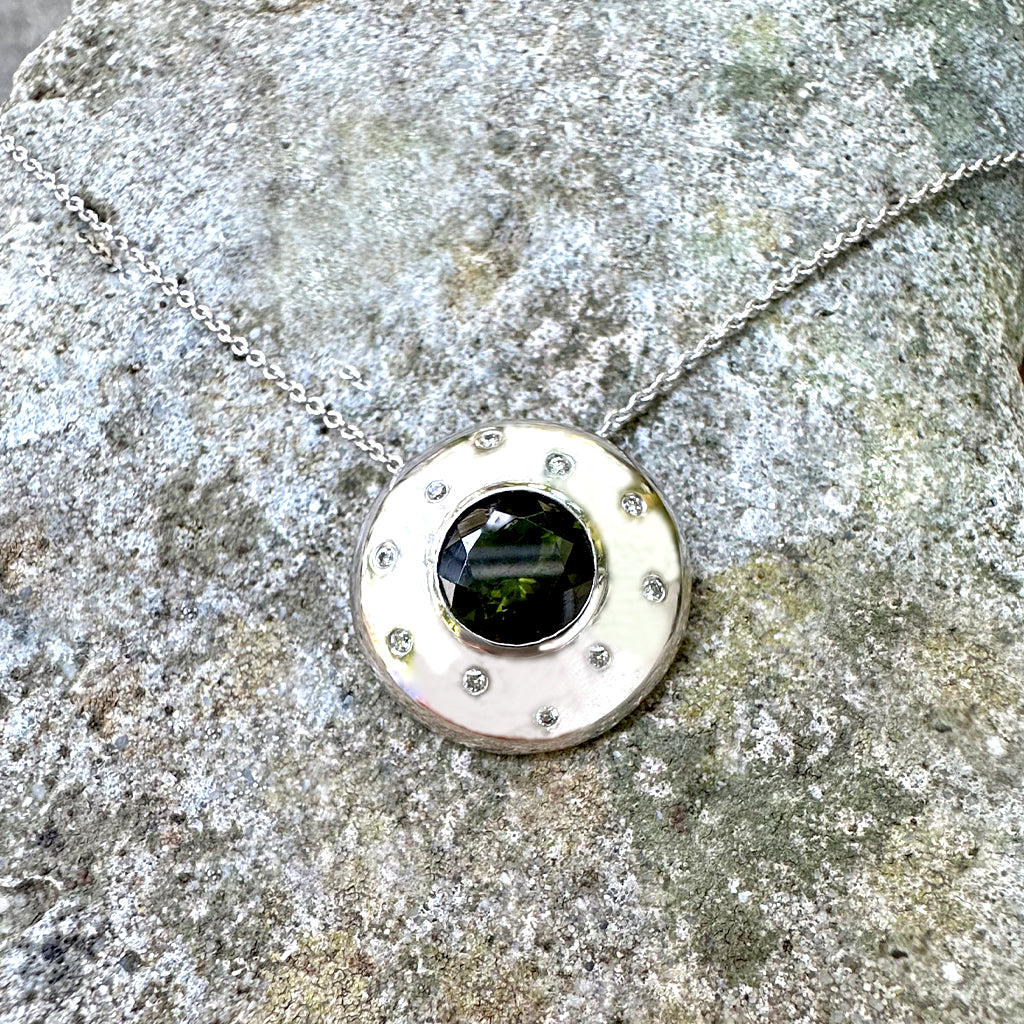 Nature Inspired Green Tourmaline and Diamond Speckled Shield White Gold Pendant