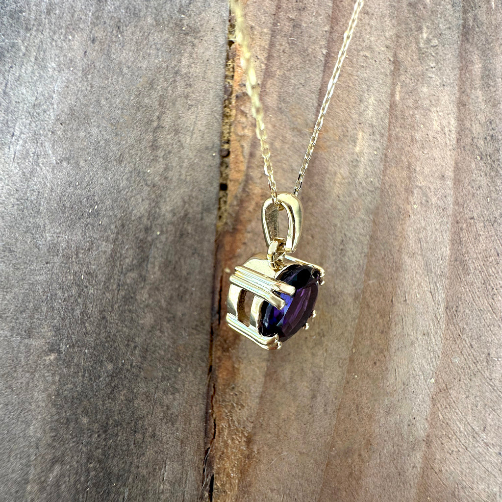 Petite Classic Round Cut Double Claw Amethyst Yellow Gold Pendant