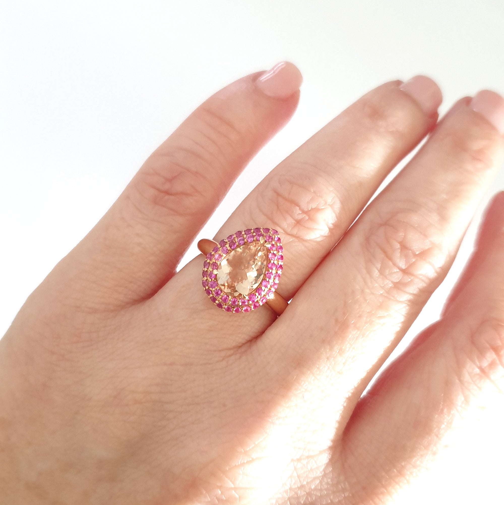 Show Stopping Morganite and Double Pink Sapphire Halo Ring