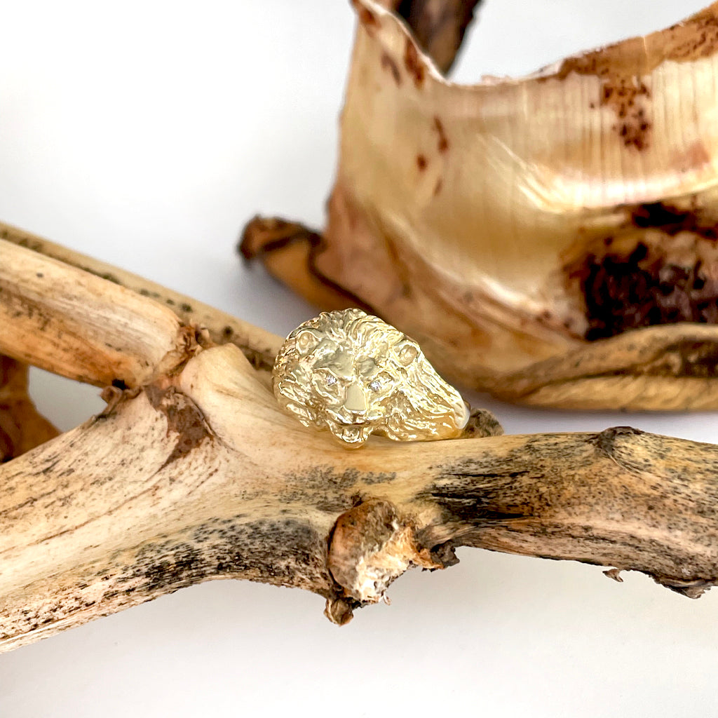 Roaring Lion with Diamond Accents in Yellow Gold Ring