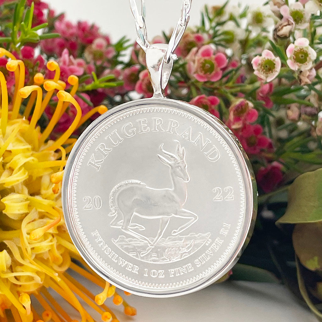 Silver Springbok Kruger Rand With Silver Border Pendant – Afrogem 