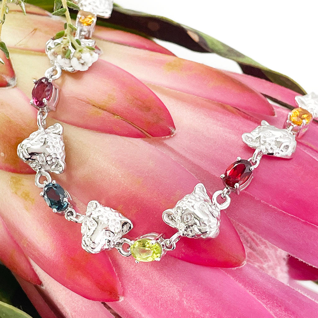 Silver Multi-gemstone rainbow leopard head bracelet cheetah bracelet