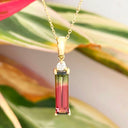 Diamond and watermelon tourmaline yellow gold pendant