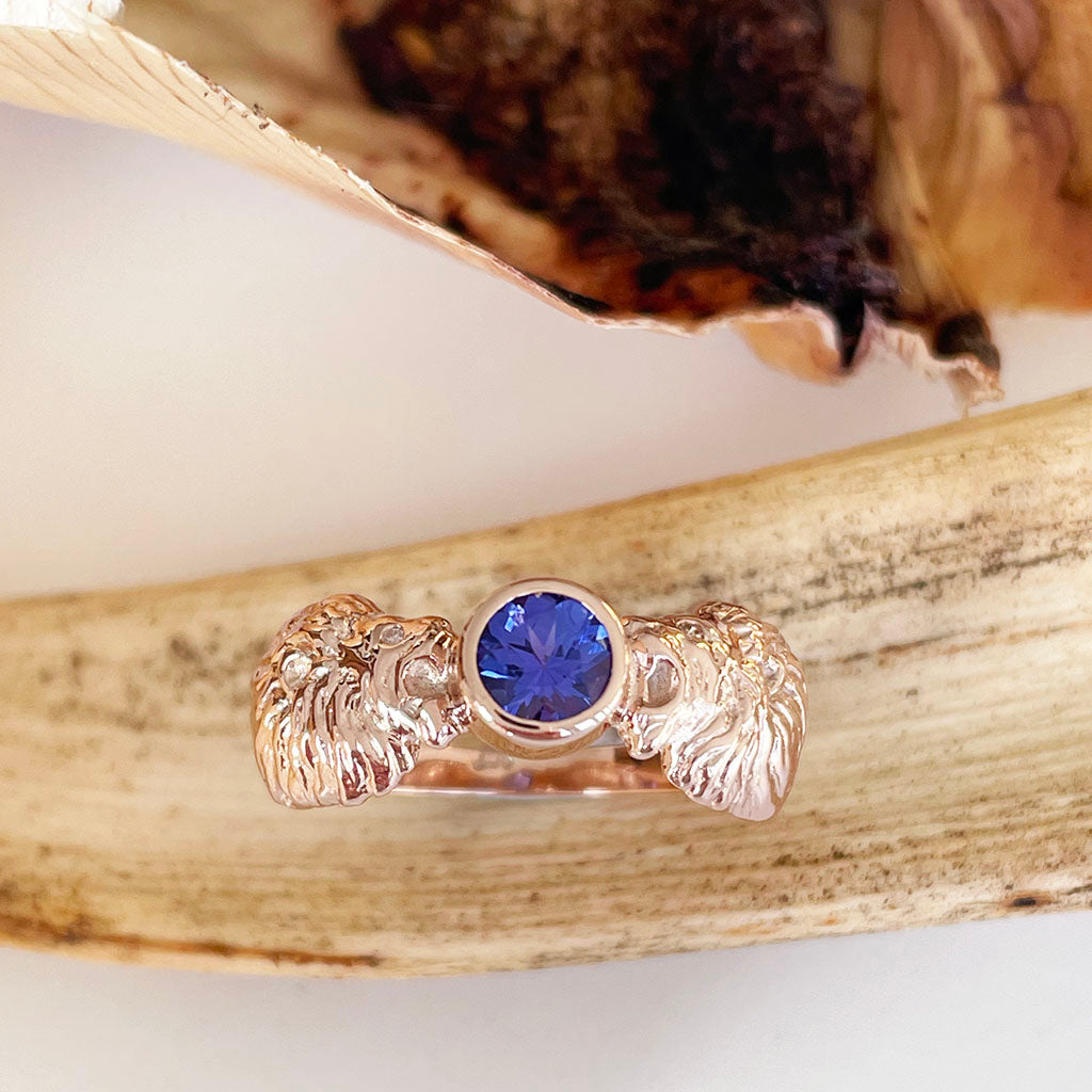 Striking Double Lion and Tanzanite Rose Gold Ring