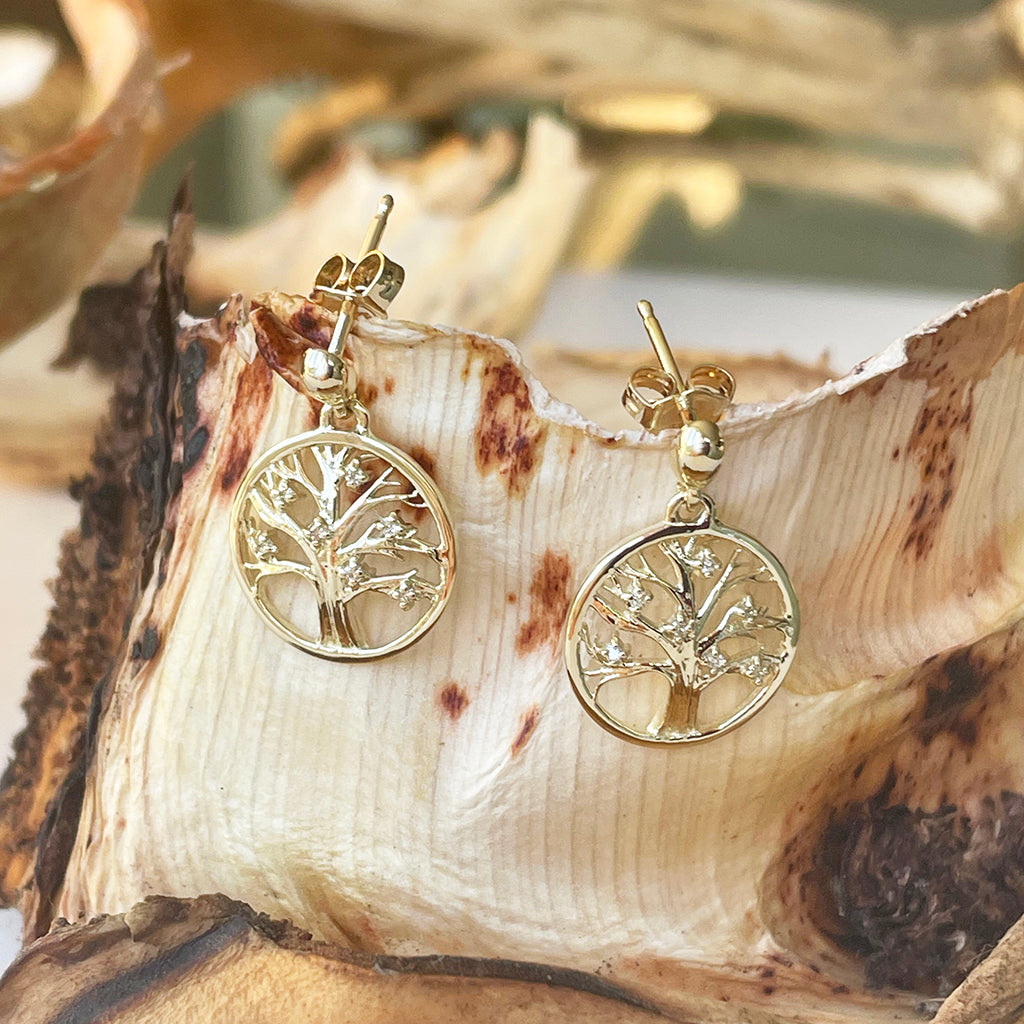Tree Of Life Diamond and Yellow Gold Earrings