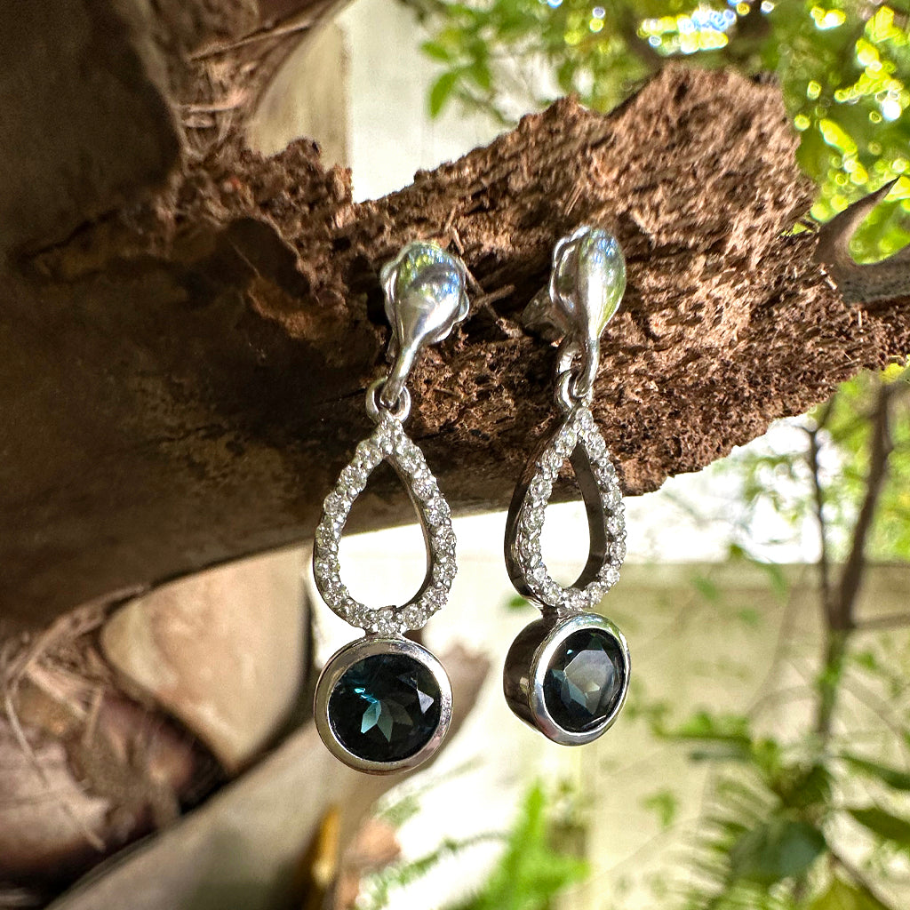 White Gold Diamond Pave Droplet and London Blue Topaz Earrings