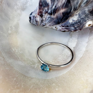 White Gold Raised Four Claw Blue Topaz Stacking Ring