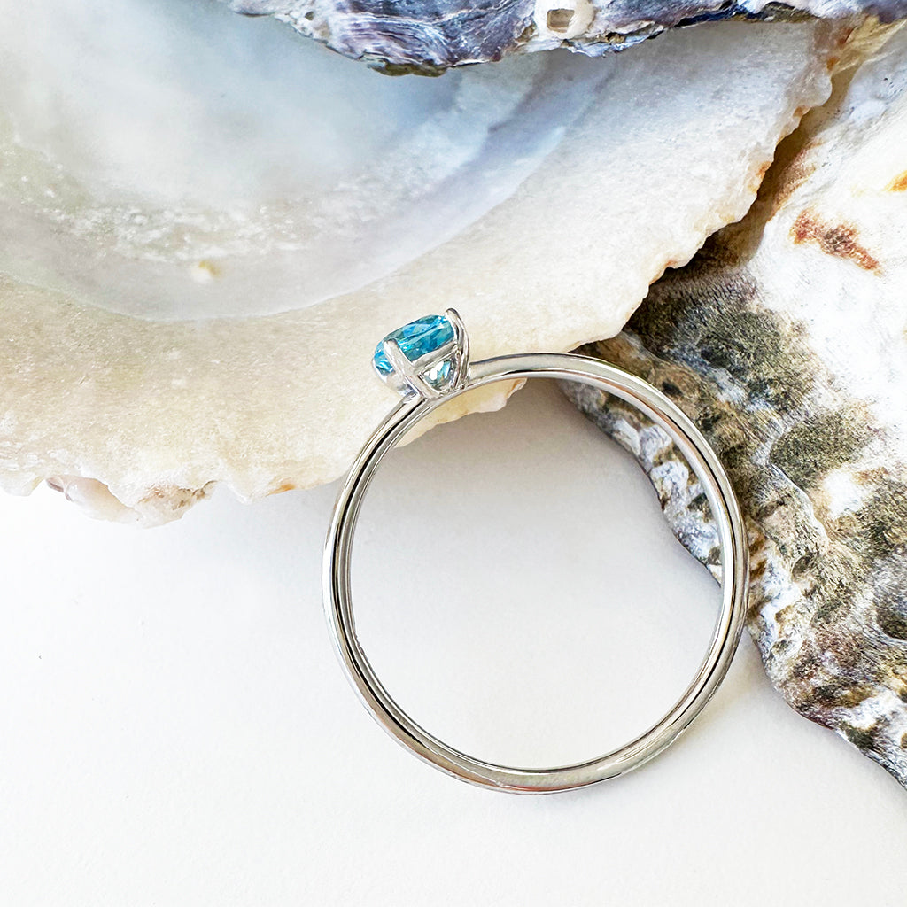 White Gold Raised Four Claw Blue Topaz Stacking Ring