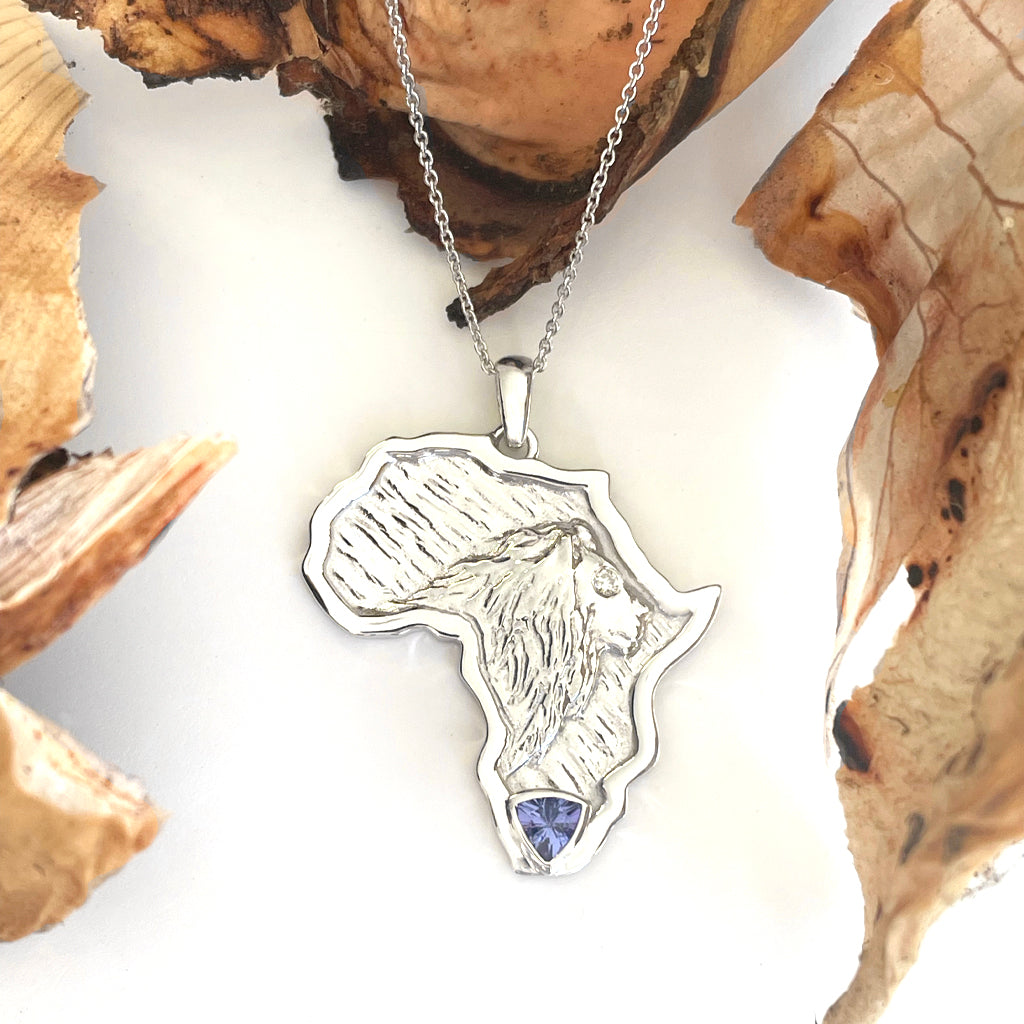 Africa Lion Tanzanite With Diamond Accent White Gold Pendant