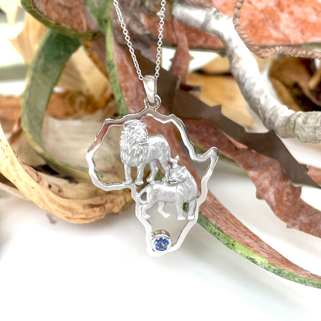 African Lion Couple with Tanzanite Accent White Gold Pendant