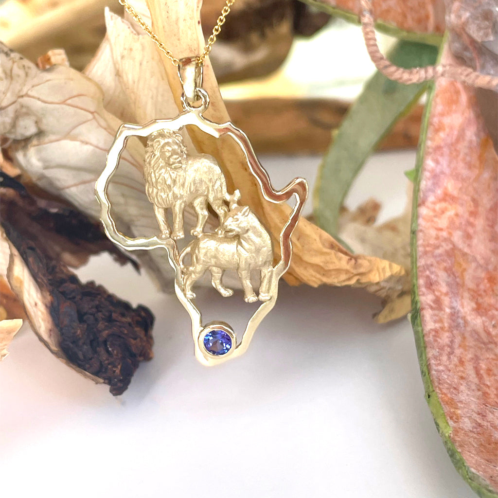 African Lion Couple with Tanzanite Accent Yellow Gold Pendant