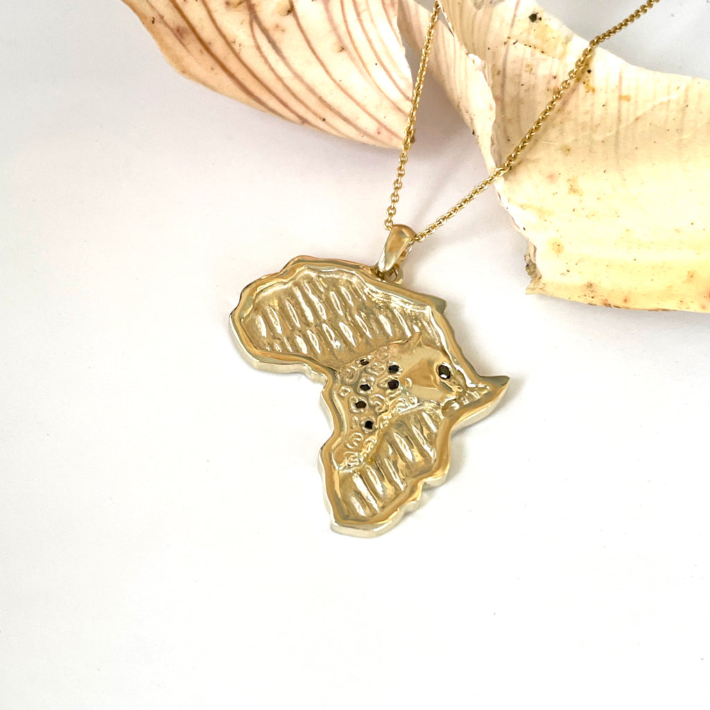 Stand Out Cheetah and Black Diamond Solid Africa Map Yellow Gold Pendant