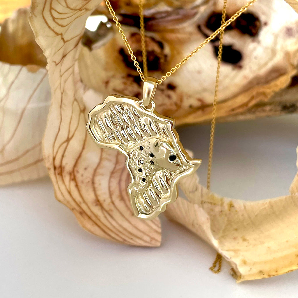 Stand Out Cheetah and Black Diamond Solid Africa Map Yellow Gold Pendant