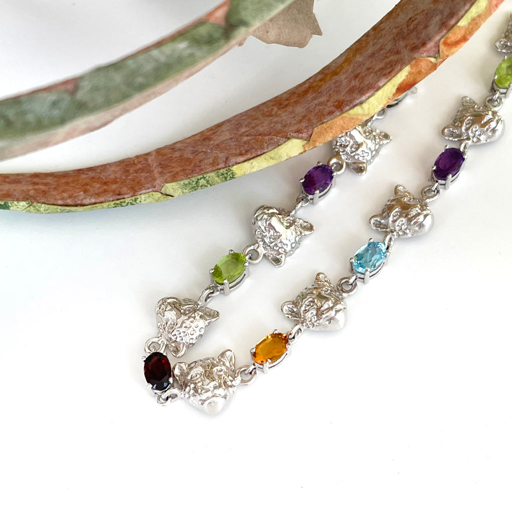 Stunning Leopard Head and Rainbow Gemstone White Gold Bracelet