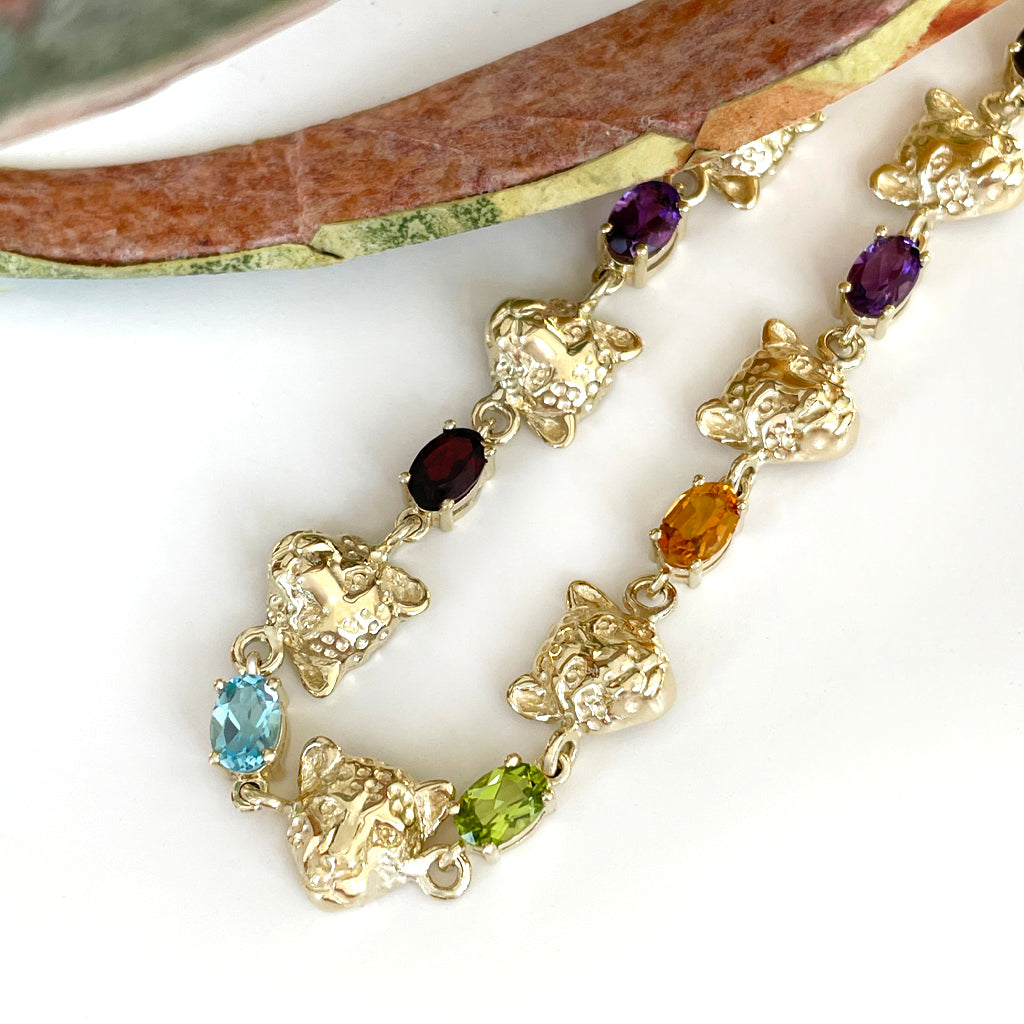 Stunning Leopard Head and Rainbow Gemstone Yellow Gold Bracelet