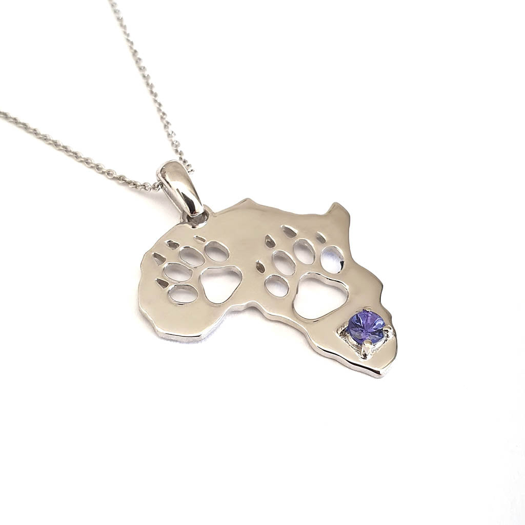 Africa Map Cut Out Paw Prints with Tanzanite in White Gold