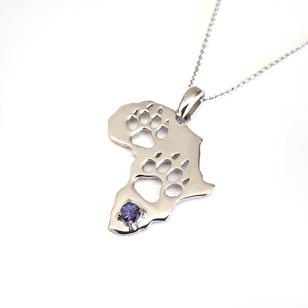 Africa Map Cut Out Paw Prints with Tanzanite in White Gold