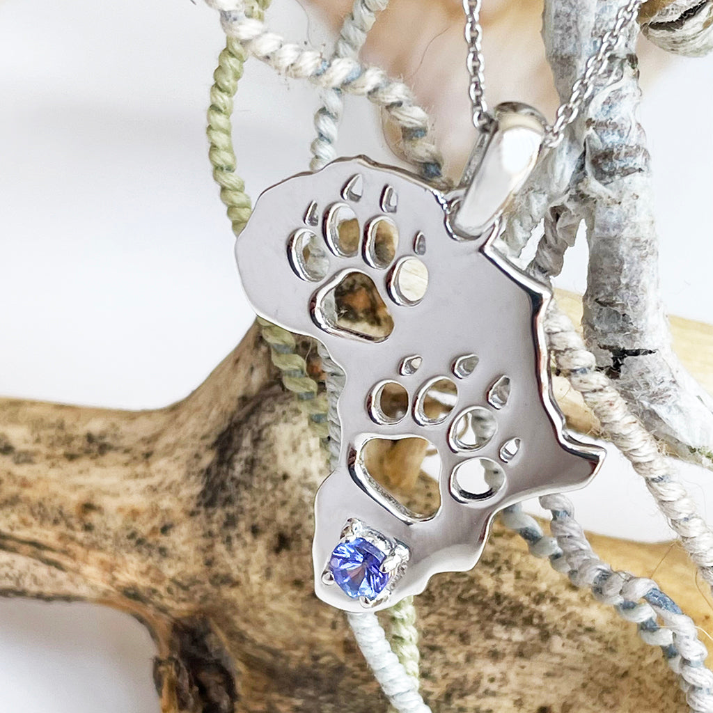 Africa Map Cut Out Paw Prints with Tanzanite in White Gold