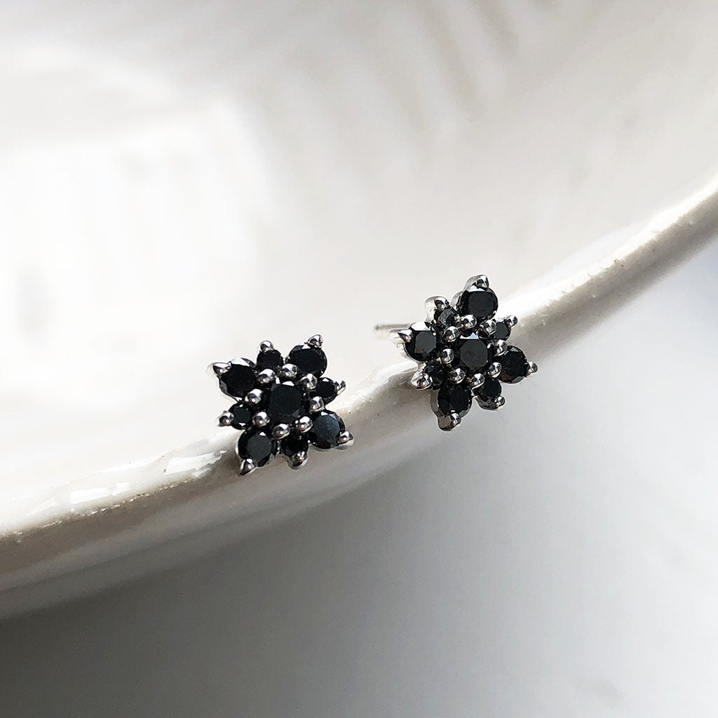 Black Diamond Flower Stud Earrings