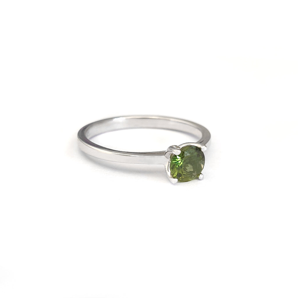 Delicate Solitaire Green Tourmaline Four Claw White Gold Ring