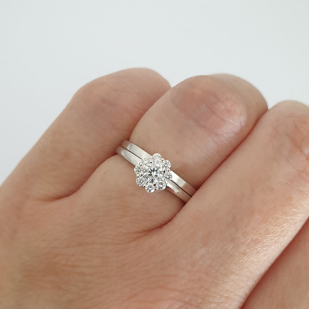Diamond Floral Cluster Engagement Ring and White Gold Band Wedding Set