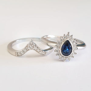 Diamond Halo Pear Cut Blue Sapphire with Pointed Diamond Band Wedding Set