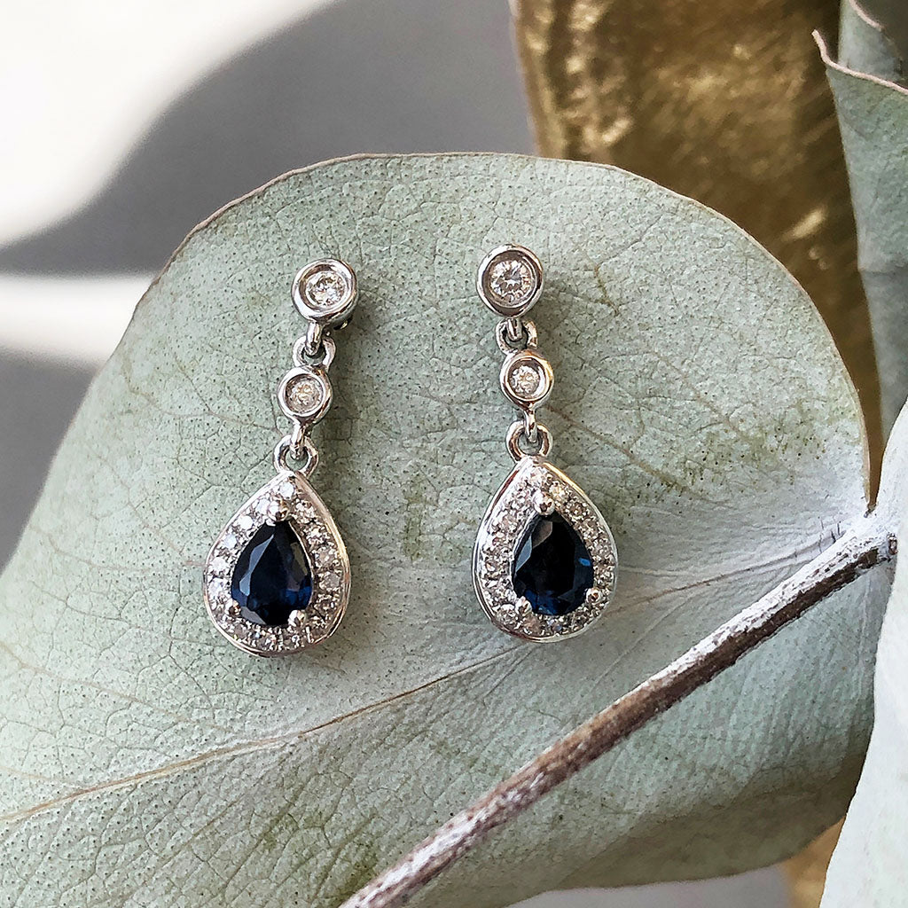 Diamond Halo Pear cut Sapphire Drop Earrings